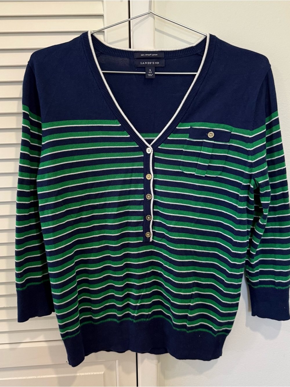 100% Supima Cotton Lands' End Navy & Green Striped V-Neck Sweater Small